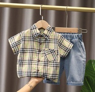 Baby boy outfit suit childrens clothing shirt plaid printing lapel kid top + handsome denim shorts