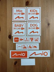 全新mio品牌logo貼紙一包（9張入）。baby in car,dog in car,kids in car。