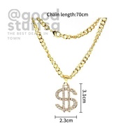 [SG FREE ] Gold Plated Crystal Dollar Sign Pendant Necklace Gangster Pimp Hip Hop Chain
