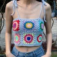 女士奶奶方格鉤織修身無袖露臍上衣 波希米亞風格