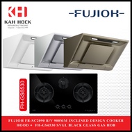 FUJIOH FR-SC2090 R/V 900MM INCLINED DESIGN COOKER HOOD + FH-GS6530 SVGL BLACK GLASS GAS HOB BUNDLE