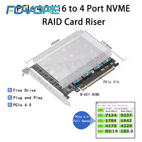 PCIe 4.0 x16 to 4Port M.2 NVMe Adapter Expansion Card Riser 250G for 2230 2242 2260 2280 NGFF NVME S