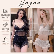 HT33 sexy 2s pajamas set with crop top slit collar and PADDING, silk pajamas with lace for flatterin