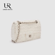 URBAN REVIVO Womens Fashion Raw Hem Tweed Shoulder Bag Crossbody Casual Bag With Long Strap Turn-Lock white