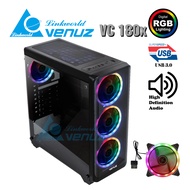 VENUZ ATX Mid Tower Tempered Glass   with Rainbow RGB Fan *4  Gaming Case 180x - Black