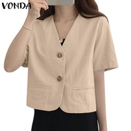 Vonda Women Korean Casual V-neck Short Sleeve Button Fake Pockets Blazer