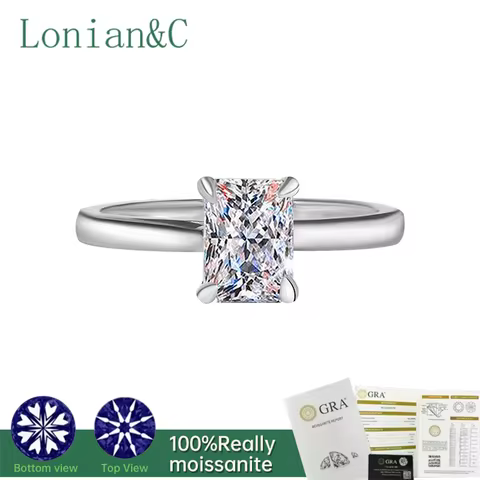Lonian&C 6*8mm Radiant Cut Moissanite Ring D Color VVS 1CT/2CT Lab Diamond 925 Sterling Silver Rings