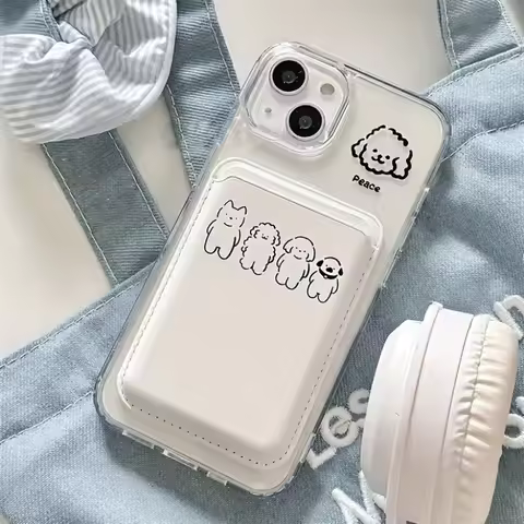 1pc Cute Dog Design Artificial Leather Magnetic Wallet Card Holder for iPhone 17 16 15 14 13 12 Pro 