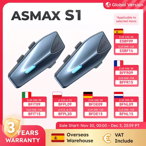 ASMAX Blue S1 Motorcycle Intercom Helmet Mesh Group Communication, Voice Control Bluetooth Headset f