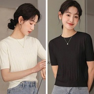 E1 Women's wool T-shirt knitted with round neck, short sleeves, solid color, personality style, easy