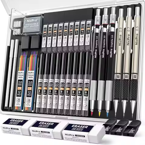 35PCS Art Mechanical Pencil Set, 3 PCS Metal Drafting Pencil 0.5 mm & 0.7 mm & 0.9 mm & 3 PCS 2mm Le