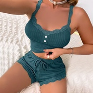 Fashionable Lace Suspender Shorts Pajamas for Women - O3V9