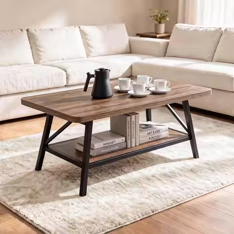 39.4 Inch Coffee Table With Storage Shelf, Industrial Wood Look Metal Frame Center Table For Living 