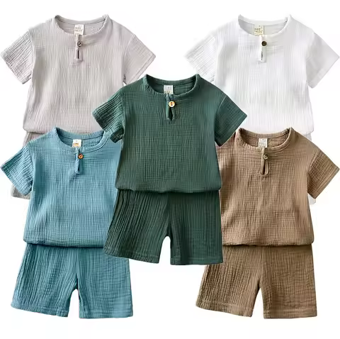 0-6Y Boys Girls Muslin Clothing Sets Summer Solid Cotton Linen T-shirts+Shorts 2Pcs Outfit Kids Clot