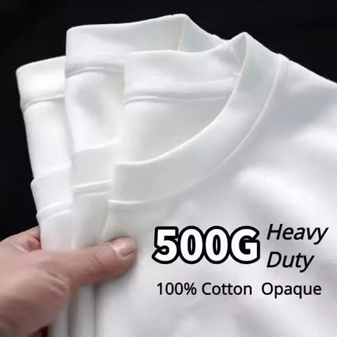 Black White GSM 500g Heavy Duty Cotton Plus Size T-Shirt Crew Neck Men's Short Sleeve Three Needles