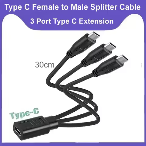 USB C Type C Splitter Cable 4 3 in 1 Multi Port Adapter Cord 5V 3A 30cm Short USB Type-C Female to M
