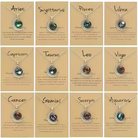 Glass 12 Zodiac Sign Moon Pendant Necklace With Card Vintage Astrology Constellation Jewelry Gifts