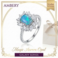AMBERY Natural Opal Ring S925 Sterling Silver 6*8mm Rectangular Starburst Halo Vintage Art Deco Octo