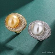 Sea Retro Full Diamond South Sea Ring Ring Inlaid Ring Pearl Golden Pigeon Egg Philippines Adjustabl