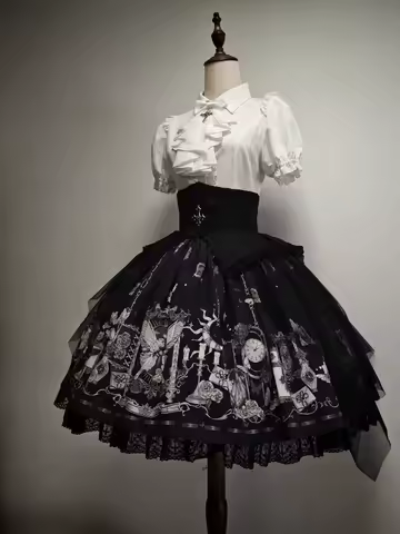 Butterfly Shadow - Halloween Gothic Lolita Fishbone Skirt & Shirt, Butterfly Print by Moon Eclipse P