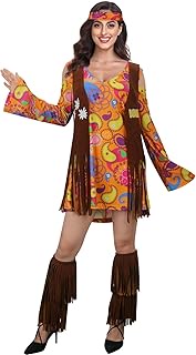 Women 60s 70s Hippie Costume Dress Fringe Vest Boot Covers Headband Outfit Adult Disco Hippy Halloween Cosplay