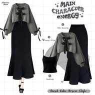 One Set Korean Style Women's Blouse Ribbon Coquette + Inner + Mermaid Skirt Modern Outfit Set (Cute)