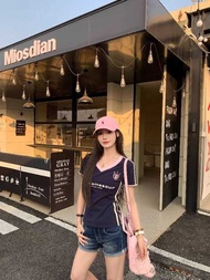 3MER Oh oh Sanmei American Sweet Cool Three-Bar V-Neck Short-Sleeved T-Shirt Women 2025 Summer New S