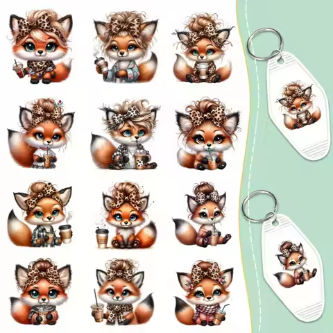 60 Pieces The Fox Drinking Coffee Transfer Pper UV DTF Transfer Durable High Viscosity AdhesiveDIY C