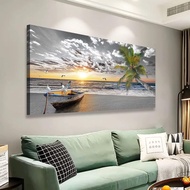 Black and White Beach Palms Canvas Wall Art  Seascape Sunset Boat Prints for Living Room Bedroom Off