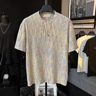 Men's T-shirt Men's T-shirt Old Money Style Jacquard Rainbow Textured Short-Sleeved T-shirt Men Wome