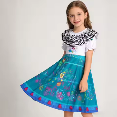 Girls Mirabel Costume Dress Encanto Inspired Mexican Traditional Ruffle Sleeve Floral Print Kids Par
