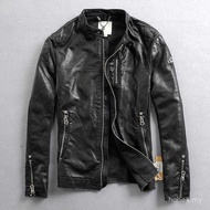 Jaket Slim Fit Kasual Musim Bunga dan Musim Luruh Klasik Kolar Pendirian Jaket Kulit Kulit Bebiri Ku