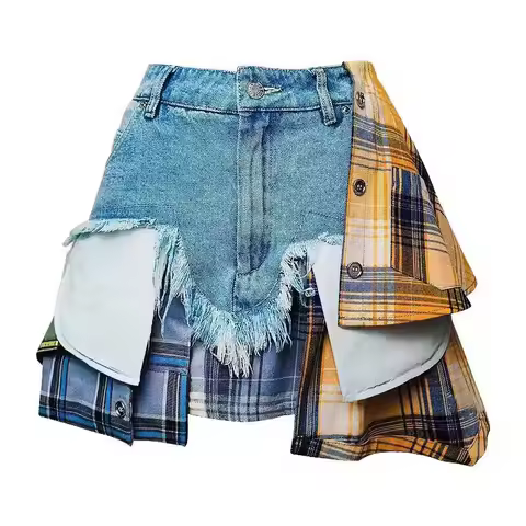 Women Skirts Cowboy Half-body Skirt Ladies Summer New Irregular Plaid Splicing High Waist Temperamen