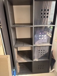 Ikea Kallax 棕黑色格仔櫃連4個膠櫃桶