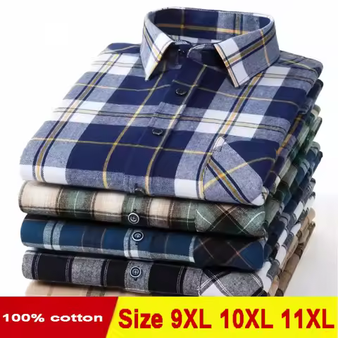 Plus Size 11XL 10XL 9XL Men‘s Plaid Flannel Shirts Long Sleeve Cotton Fashion Casual Soft Standard-F