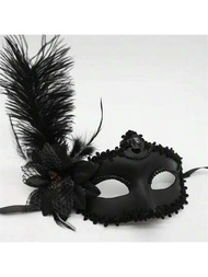1個黑色鴕鳥羽毛女士化裝舞會面具,適用於單身派對、化裝舞會、拍照、直播