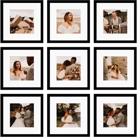 Set of Nine 12x12 Square Photo Frames Display 8x8 with Mat or Full Size Collage for Wall or Tabletop