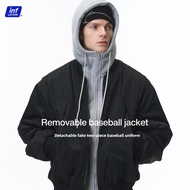 Jaket Baseball ปลอม2ชิ้น2025แจ็คเก็ตมีฮู้ดกันลมสำหรับผู้ชายที่สะอาดแบบถอดได้สำหรับฤดูหนาว