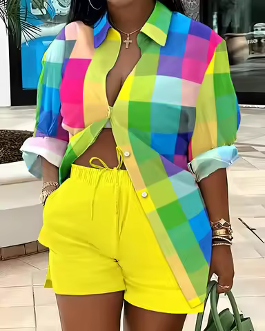 2025 Spring Autumn Casual Woman Sets Fashion Shirt Printed Button Shirt&Shorts Streetwear Shorts Pan