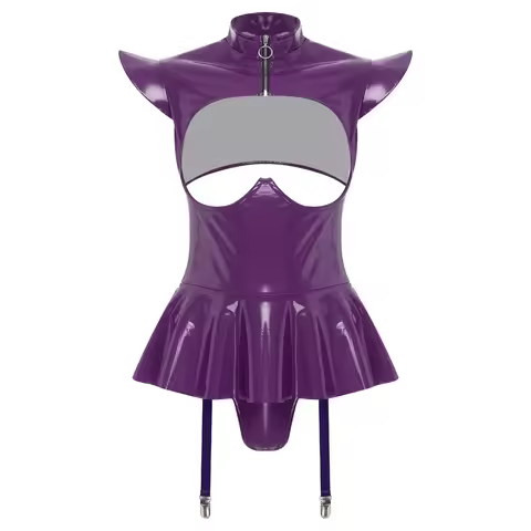 Women Lingerie PU Leather Tempting Bodysuit Breast Hollow Out Underwire Teddies Ruffled Hem Garters 