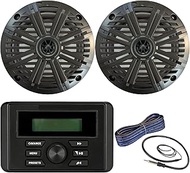 Kicker Weather-Resistant Marine Bluetooth USB RCA Stereo Receiver Bundle Combo with (Qty 2) 6.5" 2-Way 195W Max Coaxial Marine Speaker w/Charcoal Salt Water Grilles, 50-Ft 16-Gauge Wire, Antenna