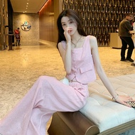 Áo vét màu hồng giản dị phù hợp với phụ nữ mùa hè phong cách Hàn Quốc quần ống rộng hai bộ chi tiết