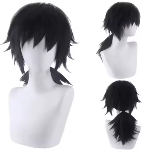 Anime Tomioka Giyuu Cosplay Wig Long Black Ponytail Shaggy Layered Styling Wig Heat Resistant Synthe