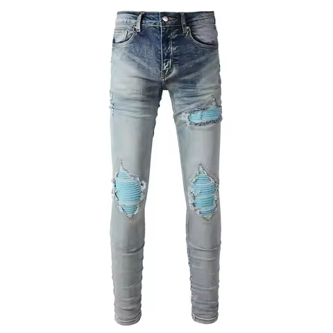 Men Sky Blue Velvet Patch Stretch Denim Jeans Pleated Patchwork Ripped Biker Pants Holes Distressed
