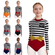 iixpin Girls Prisoner Halloween Cosplay Costume Inmate Striped Long Sleeve Mock One Piece Bodysuits 