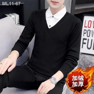 ☞✤❖Sweater lelaki warna pepejal ditambah baldu kolar baju tebal palsu dua helai pullover sweater sli