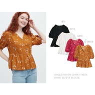 UNIQLO BLOUSE Floral Shirt SHORT SLEEVE RAYON LAWN V NECK (A3601)