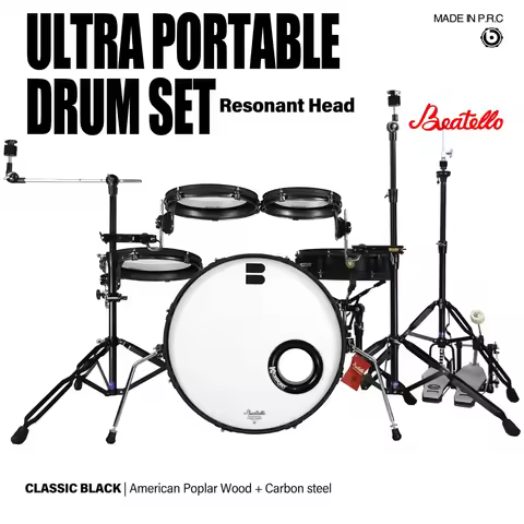 Full Size Professional Drum Set With American Poplar Wood & Carbon Steel Black Super Travel Design