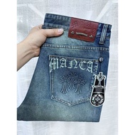 YAGA Chrome Hearts Men's Jeans with Sanskrit Cross Pattern, Slightly Flared, Straight-Leg, Stretchy 