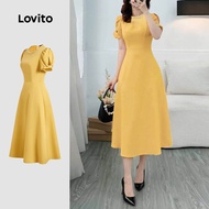 Lovito Casual Dress Pearls Bow Spring/summer Yellow Dress for Women L138ED120 Lovito Gaun Musim Boge